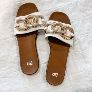 bp Women’s White & Gold Chunky Buckle Sandals, Size 9